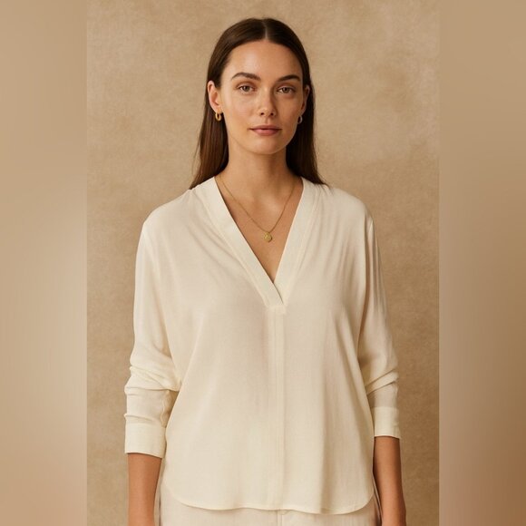 Sandro Paris Ivory Silk Blouse Size M Long Sleeve Minimalist V Neck Top - Picture 1 of 15